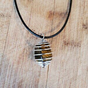 Tigers Eye Gemstone Necklace, natural stone jewelry, wire wrap silver, Gold Bron